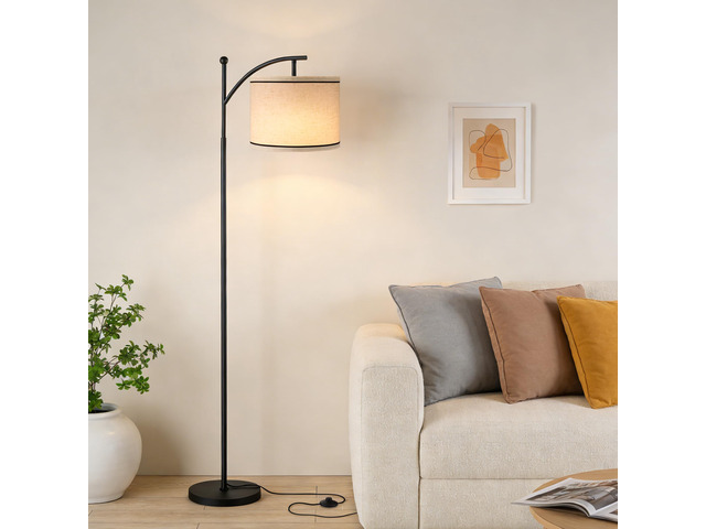 60' Floor Lamp for Living Room with 3 Color Temperatures, Beige Lampshade with Black Stripes, Tall Lamp for Bedroom Office, 9W Bulb Included