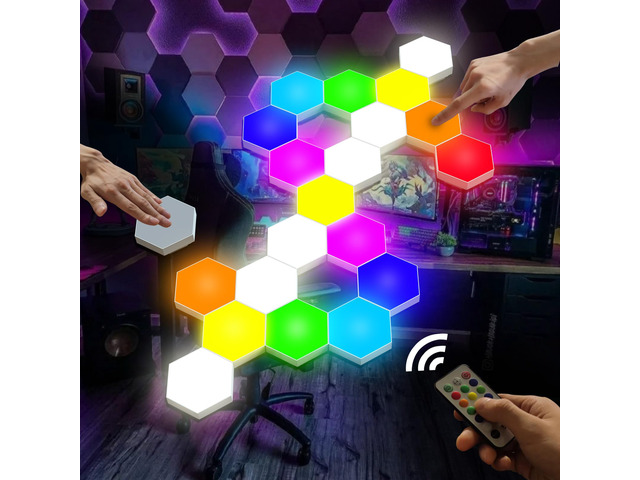 Hexagon Light Panels with Remote, 13 Colors, 12 Pack Touch Control, RGB Gaming Lights, DIY Modular Design, Sensory Room, Bedroom, Party, USB...