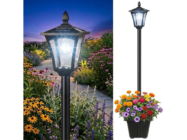 76' Solar Lamp Post Lights with Planter, Glass & Metal Street Light Outdoor Waterproof, 60 Lumens Dusk to Dawn Solar Pole Light for Garden, Yard,...