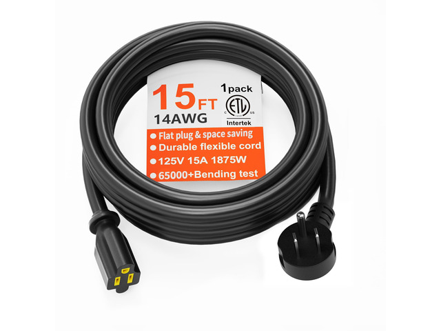 14AWG 15FT Black Flat Plug Extension Cord, Indoor Low Profile Flat Plug, Heavy Duty 3 Prong Grounded, Flexible SJTW, 15A 1875W 125V, ETL Listed,...