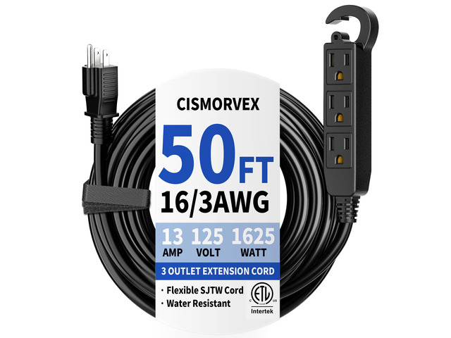 50Ft 3 Prong Multiple Outlets Outdoor Extension Cord, Black Waterproof Grounded 3 outlet Extension Cord, 16/3 AWG Power Strip for Garden Patio...