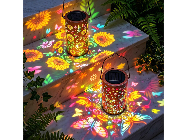 2Pack Colorful Solar Lanterns Outdoor Waterproof, Garden Decor Gifts for Women Mom Grandma - LED Sunflower and Butterfly Solar Powered Lights Metal...