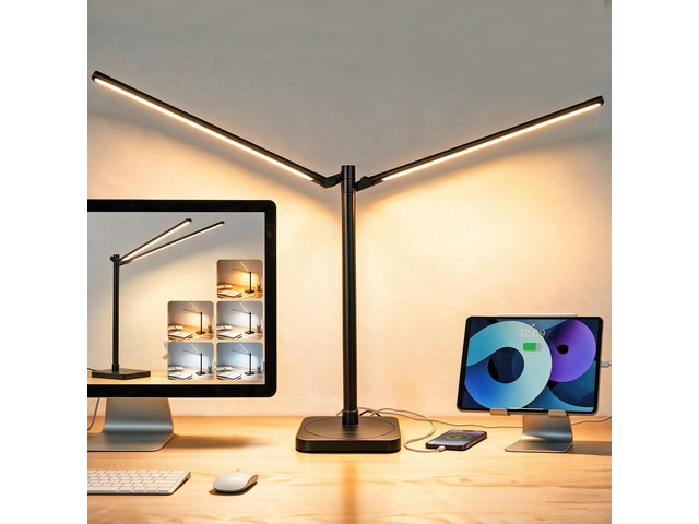 Desk Lamp for Home Office Dual Head 24W Swing Arm Task Lamp Black LED Desk Light with Stepless Dimming & 5 Color Modes, USB-C Charging Port for...