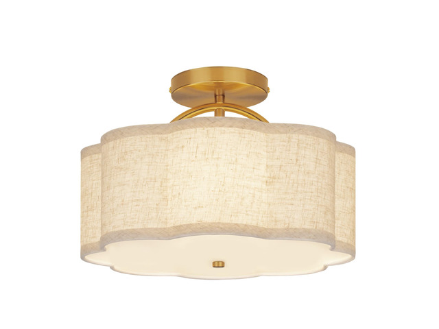 Semi Flush Mount Ceiling Light, 11.8' Modern 3-Light Fixture with Petal-Shaped Cream Beige Linen Shade and Golden Support Arm, Ideal for Bedroom,...