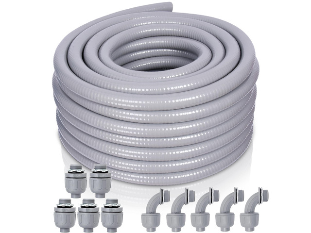 Liquid-Tight Conduit and Connector Kit - 3/4 Inch 50 FT Non Metallic Liquid Tight Electrical Conduit with 5 Straight and 5 Angle Fittings