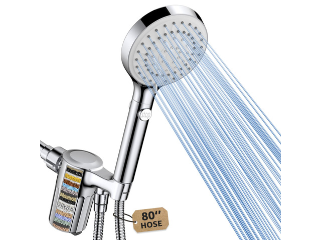 High Pressure Filtered Handheld Shower Head with Hose, Chrome 80' Long Stainless Steel Hose, ON/OFF Switch for Pets Bath, Filter Beads for Hard...