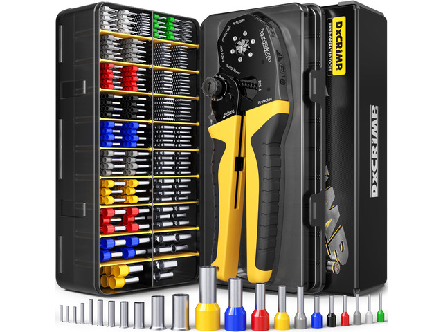 Hex Ferrule Crimping Tool Kit AWG 24-4 Wire Ferrules 22 Sizes Self-adjusting wire crimper with insulated and uninsulated wire terminals for...