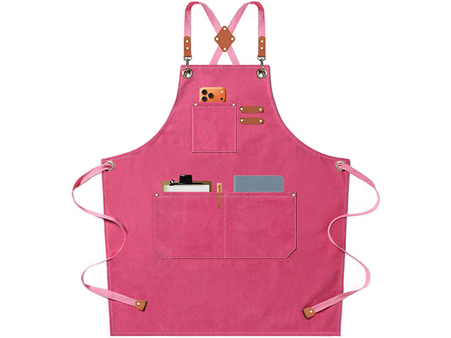 Chef Aprons for Men Women with Oversized Pockets, 16-Ounce Cotton Canvas Cross Back Heavy Duty Work Apron (Pink)