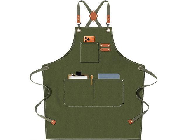 Chef Aprons for Men Women with Oversized Pockets, 16-Ounce Cotton Canvas Cross Back Heavy Duty Work Apron (Army Green)