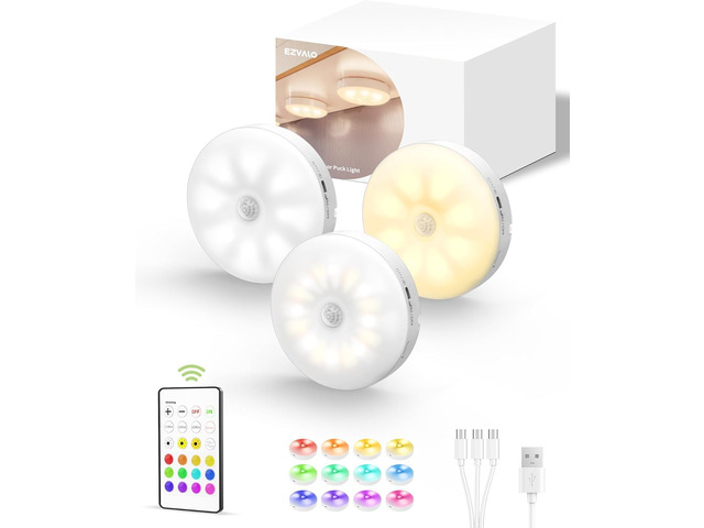 Under Cabinet Lighting, 1000mAh Rechargeable Puck Lights with Remote, 3 Color Temps & 12 RGB Motion Sensor Closet Lights, Dimmable Under Cabinet...
