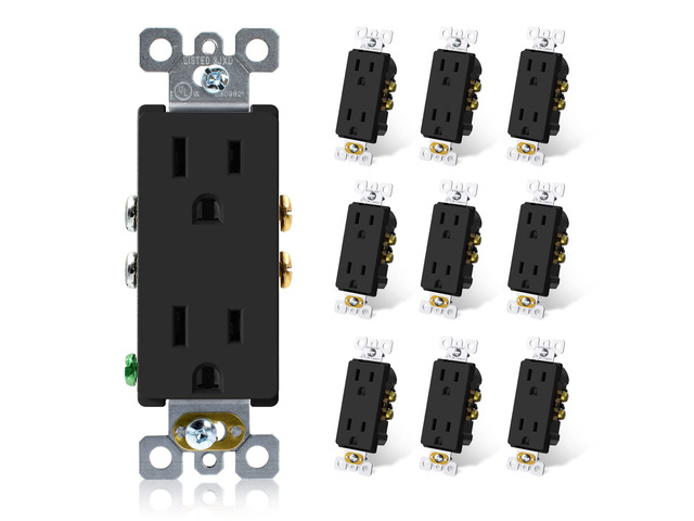 Matte Black Decorator Receptacle, 15A 125V Standard Electrical Wall Outlet, 2 Pole 3 Wire, Non- Tamper Resistant, NEMA 5-15R, Self-Grounding...