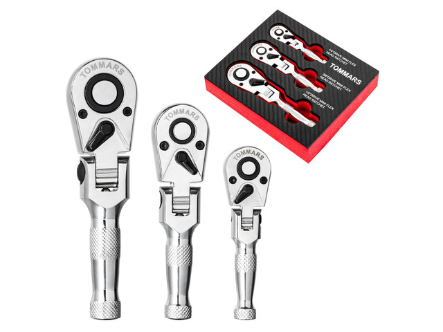 Flex Head Stubby Ratchet Set, 1/4', 3/8', 1/2' Socket Wrench Kit Mechanic Hand Tool, Flexible, 72 Tooth 5-degree swing arc, Quick Release, Reversible