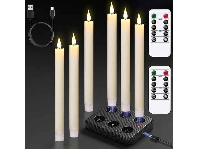 Rechargeable Flameless Taper Candles Charging Base & 2 Remote Ivory LED Candles Battery Operated, Real Wax Rechargeable Candlesticks, Christmas...