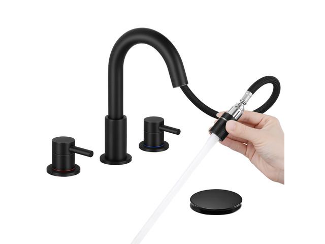 Bathroom Faucet 3 Hole with Pull Down Sprayer Matte Black, 2-Handle Lead-free stainless steel, pop-up drain, 360°swivel, 8-inch widespread Faucet...