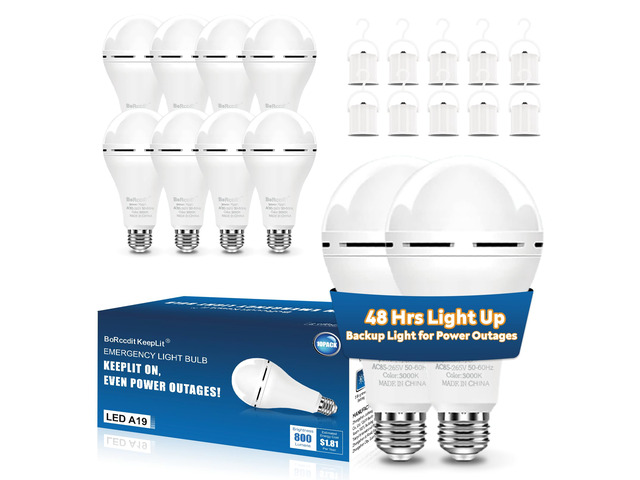 KeepLit 10 Pack Emergency Rechargeable Light Bulbs, 48H Long Lasting & 3 Brightness, 12W 5000K Battery Backup Emergency Light Bulbs for Home Power...