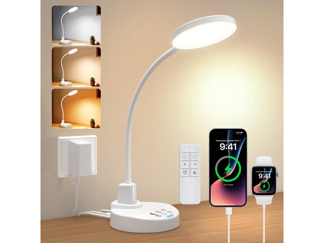 15W LED Desk Lamp with USB Charging Ports, [Button & Remote Control] Dimmable Table Lamp with 3 Color Modes, 5 Brightness Levels, 4 Timers,...