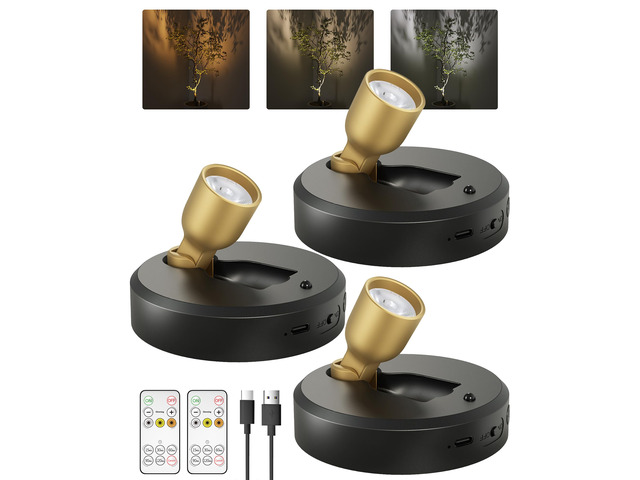 3-Pack Spotlight Indoor, Rechargeable Battery Picture Lights, Wireless Uplights with Remote, Dimmable, 3 Color Temperatures, Timer, Accent Lighting...