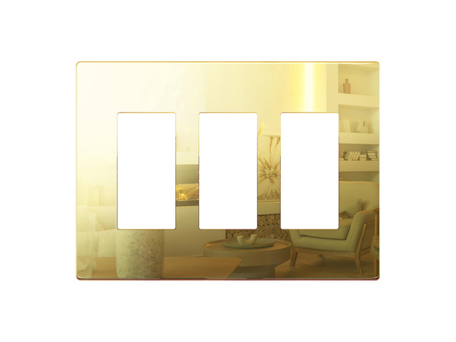 Triple Decorator Wall Plate, Mid-Size 3-Gang, Mirror Glass Gold Screwless Light Switch/Outlet Cover, Impact Resistant, Reflective, Plexiglass,...