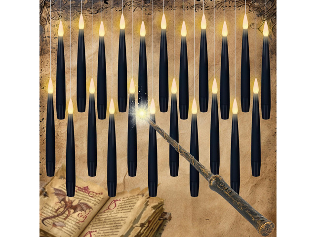 Flameless Floating Candles Wand Halloween Decorations Black 22pcs 6H Timer, Battery Operated Hanging Window Candles, 24 Sticky Hook & Glue Dots,...