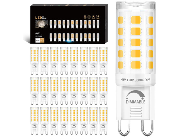 24 Pack Dimmable G9 LED Light Bulb 40W Equivalent 3000K Warm White CRI85+ G9 Ceramic Base for Chandelier, Halogen Replacement, T4 Bi Pin, 4W LED,...