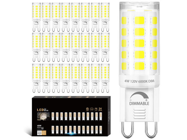 24 Pack Dimmable G9 LED Light Bulb 40W Equivalent 6000K Daylight G9 Ceramic Base for Chandelier, Halogen Replacement, T4 Bi Pin, 4W LED, 400LM...