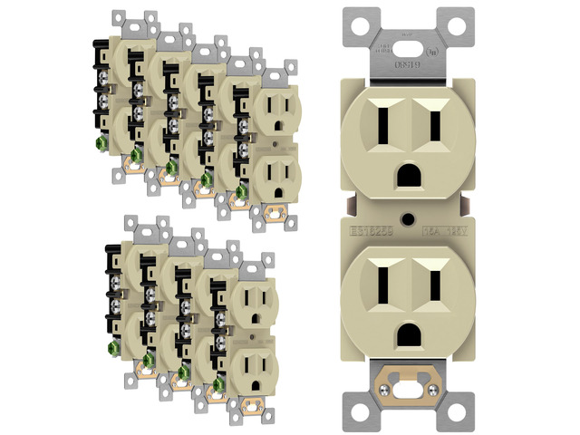 Duplex Receptacle Outlet, Residential Grade Electrical Wall Outlets, 15A 125V, Self-Grounding, 3-Wire, 2-Pole, UL Listed, 61580-I-10PCS, Ivory (10...