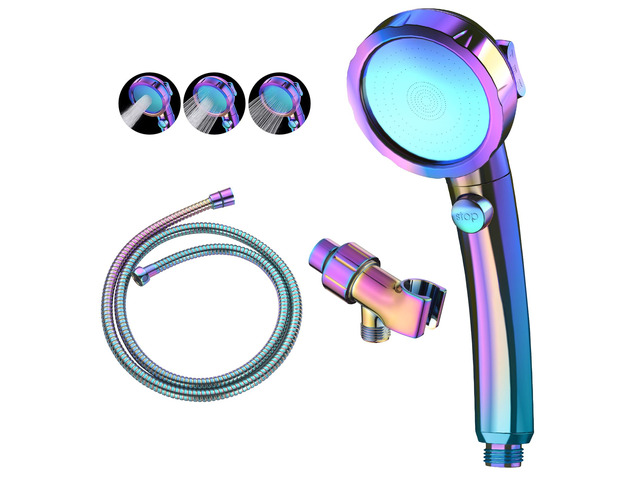 High Pressure Handheld Shower Head with ON/OFF Switch, 3 Spray Modes, Adjustable Angle Bracket, Radiant Rainbow