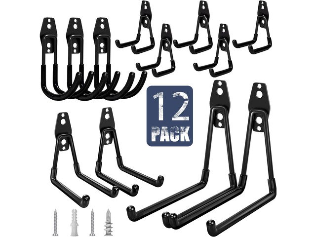 Garage Hooks Heavy Duty 12 Pack Anti-Slip Wall Storage Hooks Wall Hooks Heavy Duty for Hanging Bike, Ladder, Garden Tools,Broom,Hose,Anti-Slip...