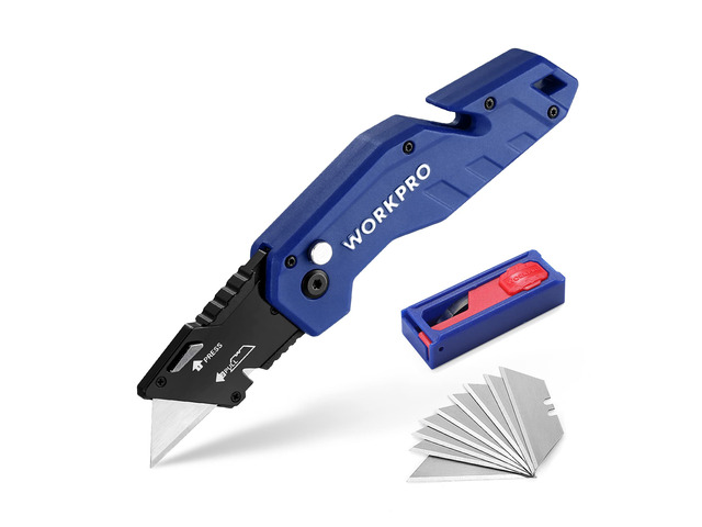 Folding Utility Knife with 10 Blades, Blue Razor Knife with Belt Clip, Lightweight Nylon Handle, Wire Stripper & Gut Hook, Extra 10 SK5 Blades...