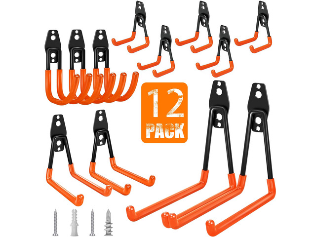 Heavy Duty Wall Mount Steel 12 Pack Orange Garage Storage Hooks Wall Hooks Heavy Duty for Hanging Bike, Ladder, Garden Tools,Broom,HoseAnti-Slip...