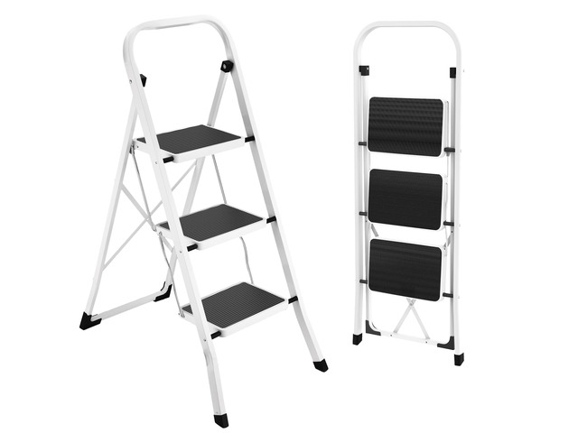 Step Ladder Folding Step Stool for Adults 3 Step Ladder with Anti-Slip Pedal, 330 lbs Capacity for Kitchen, Home, White