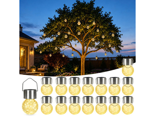 Solar Lights Outdoor Hanging Lantern Garden Decor for Outside 16Pc Warm White, Waterproof, Solar Powered, Decorative, Crackle Glass, Christmas...