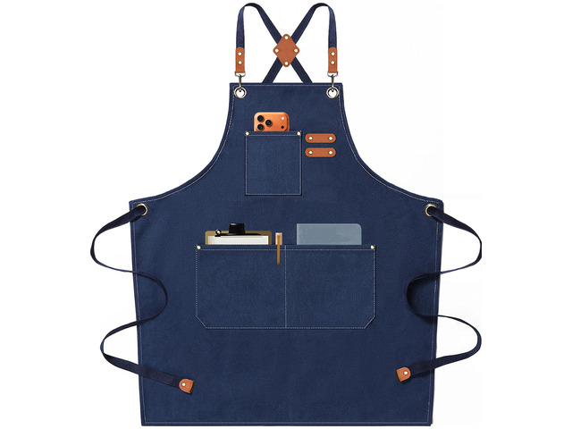 Chef Aprons for Men Women with Oversized Pockets, 16-Ounce Cotton Canvas Cross Back Heavy Duty Work Apron (Dark Blue)