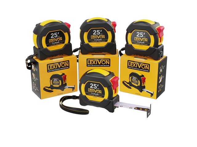 [4-Pack] 25Ft/7.5m DuaLock Tape Measure 1-Inch Wide Blade with Nylon Coating, Matte Finish White & Yellow Dual Sided Rule Print ...