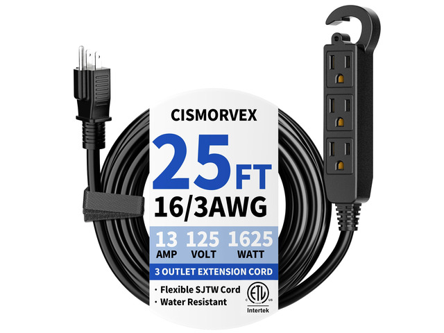 25Ft 3 Prong Multiple Outlets Outdoor Extension Cord, Black Waterproof Grounded 3 outlet Extension Cord, 16/3 AWG Power Strip for Garden Patio...