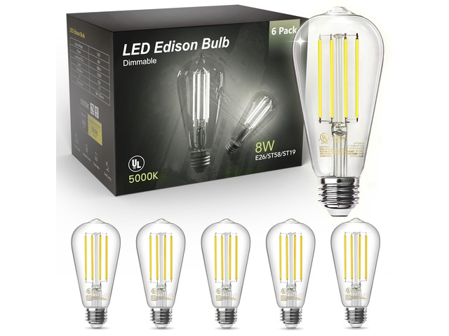 LED Edison Light Bulbs, E26 Dimmable Vintage Bulb, 8W = 60W Equivalent Daylight White 5000K, 800LM, E26 Base, ST19/58, 80+CRI, Clear Glass, Antique...