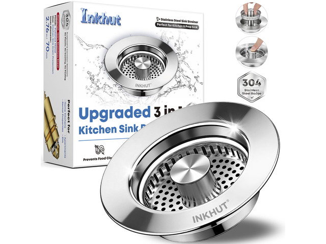 Upgraded 3 in 1 Kitchen Sink Drain Strainer (Mirror Silver) Stainless Steel Sink Stopper, Anti-Clogging Food Catcher Basket, Bounce Core Drain...