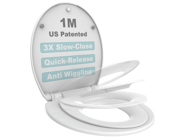 Family Toilet Seat, Patented Slow Close & Quick Releasing Technology, Anti-Wiggling, Easy to Install and Clean, Standard Round with Toddler Seat...
