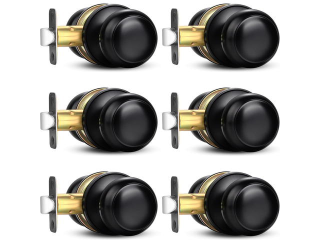 6 Pack Passage Door Knobs, Black Round Keyless Doorknobs Interior Lockset Non-Locking Indoor Door Knobs for Bedroom Bathroom Hallway Closet, Matte...