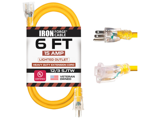 6 Foot Lighted Outdoor Extension Cord - 12/3 SJTW Heavy Duty Yellow Extension Cable with 3 Prong Grounded Plug for Safety, 15 AMP - Great for...