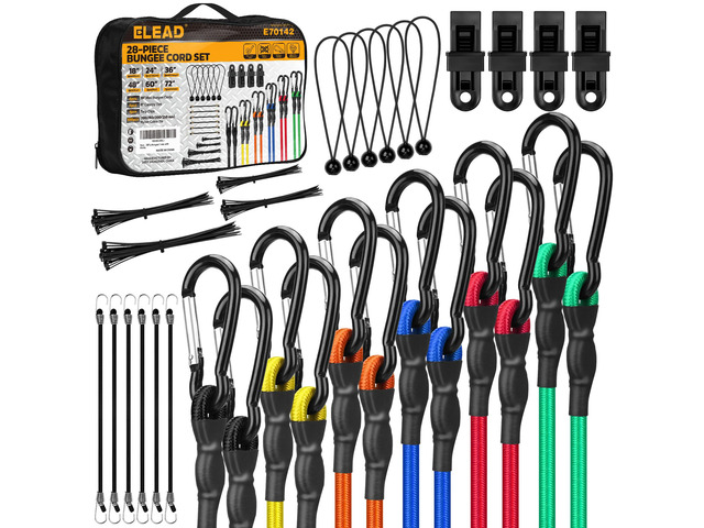 Carabiner Bungee Cords with Hooks, 28-Piece Heavy Duty Outdoor Assortment Includes 10', 18', 24', 36', 48', 60', 72' Bungee Cords, Canopy Tarp Ball...
