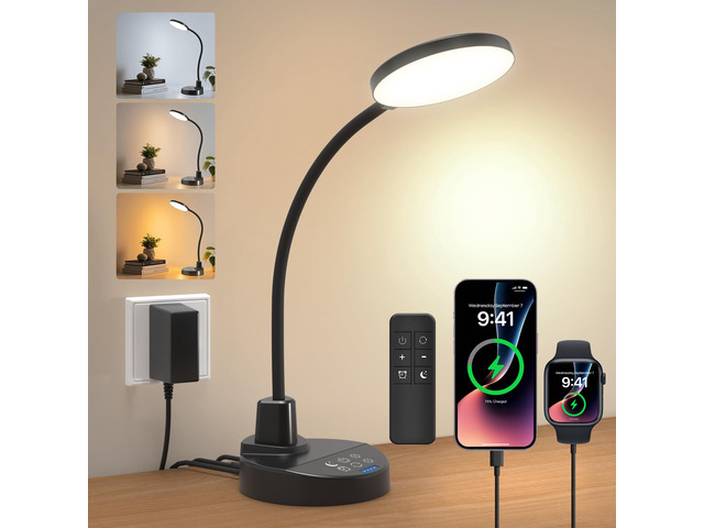 15W LED Desk Lamp with USB Charging Ports, [Button & Remote Control] Dimmable Table Lamp with 3 Color Modes, 5 Brightness Levels, 4 Timers,...