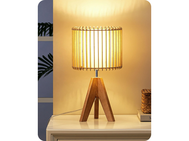 14.17' Small Table Lamp, Wood-Colored Hollow Shade, E26 Base Wood Tripod Bedside Lamp, Boho Nightstand Lamp for Bedroom, Living Room, Office, Study