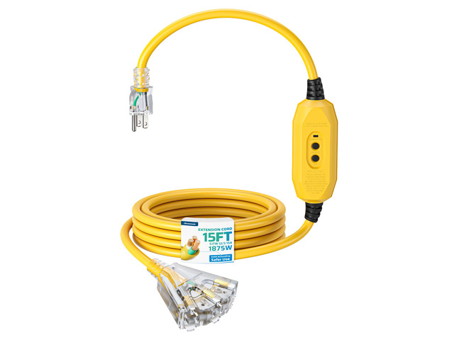 15FT GFCI Extension Cord, Auto Reset, 12/3 AWG SJTW LED Indicator Light, 3 Prong Plug, Heavy Duty Power Cable for Pool Pump, Pressure Washer, Lawn...