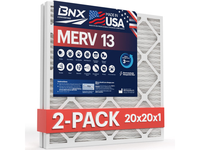 20x20x1 MERV 13 Air Filter 2 Pack - MADE IN USA - Electrostatic Pleated Air Conditioner HVAC AC Furnace Filters - Removes Pollen, Mold, Bacteria