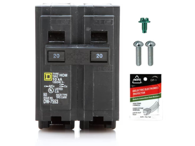 Genuine Square D HOM220 Circuit Breaker Kit Bundle (1 Pack), 20 Amp (20A) Double Pole, 120/240V, 10kAIC, UL Listed, Plug-On for Homeline Load...