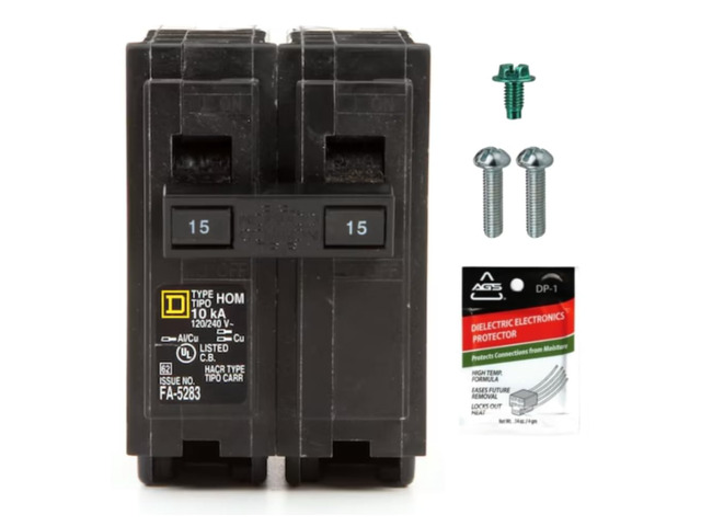 Genuine Square D HOM215 Circuit Breaker Kit Bundle (1 Pack), 15 Amp (15A) Double Pole, 120/240V, 10kAIC, UL Listed, Plug-On for Homeline Load...