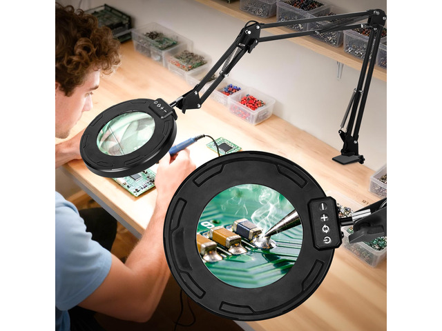 12X Ultra Long Magnifying Glass with Light and Clamp 3-Section Arm Hands Free Lighted Stand, 5 Color Modes, Stepless Dimming LED Desk Lamp for...