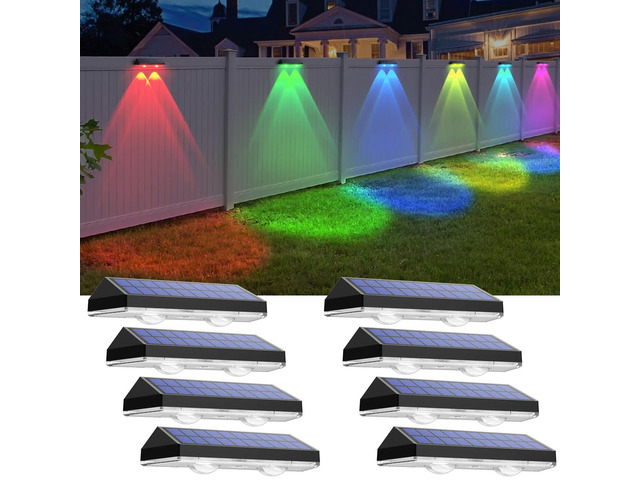 Solar Fence Lights Outdoor - Warm White & RGB 6 Color, Dusk to Dawn Solar Deck Light, Solar Lights Outdoor IP65 Waterproof, Garden Lights for...