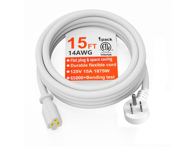 14 Gauge 15 FT White Flat Plug Extension Cord, Indoor Low Profile Flat Plug, Heavy Duty 3 Prong Grounded, Flexible SJTW, 15A 1875W 125V, ETL...